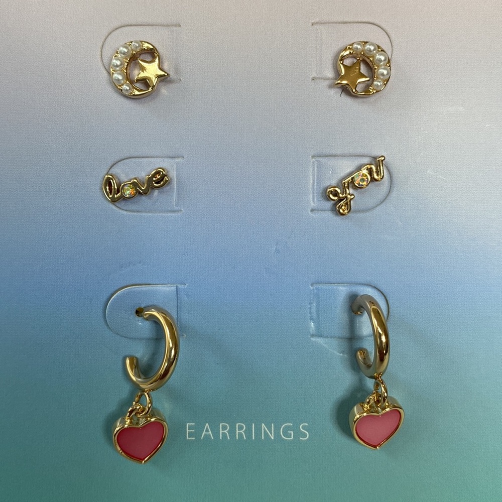 Three pair dainty feminine Goldtone Love earrings